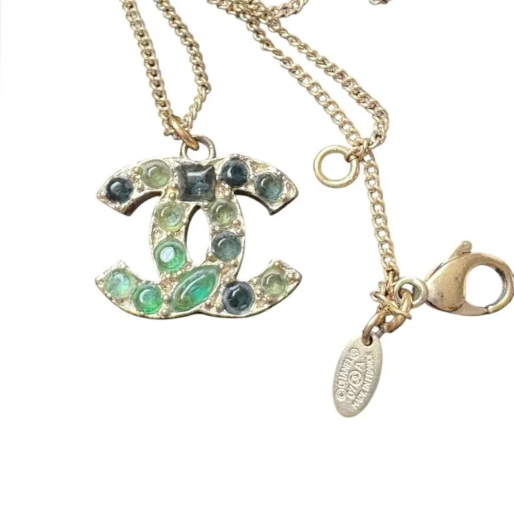 Chanel Necklace, Emerald crystal stones, CC, Gold Necklace, Coco Marked